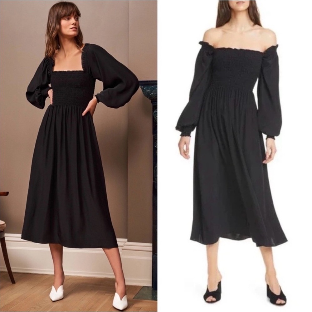 NWT La Ligne 100% SILK Eloise Shirred Off Shoulder babydoll long sleeve midi